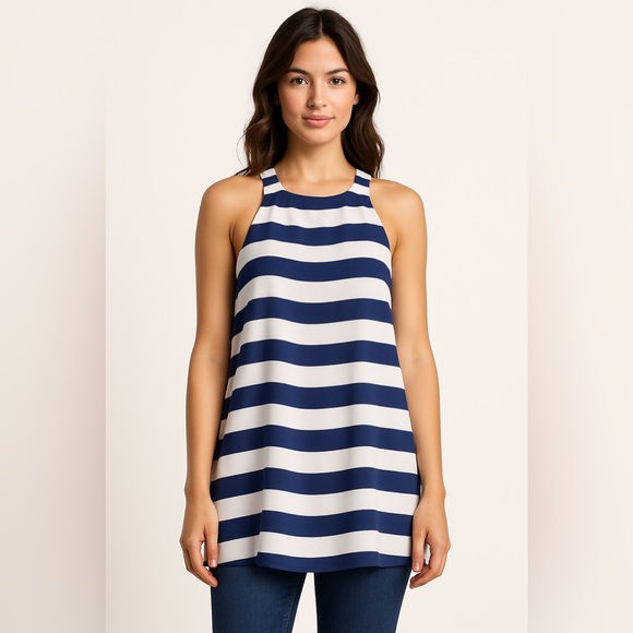 Miami Women's Navy White Striped Two Layer Inset Sleeveless Top Medium Euc #644
